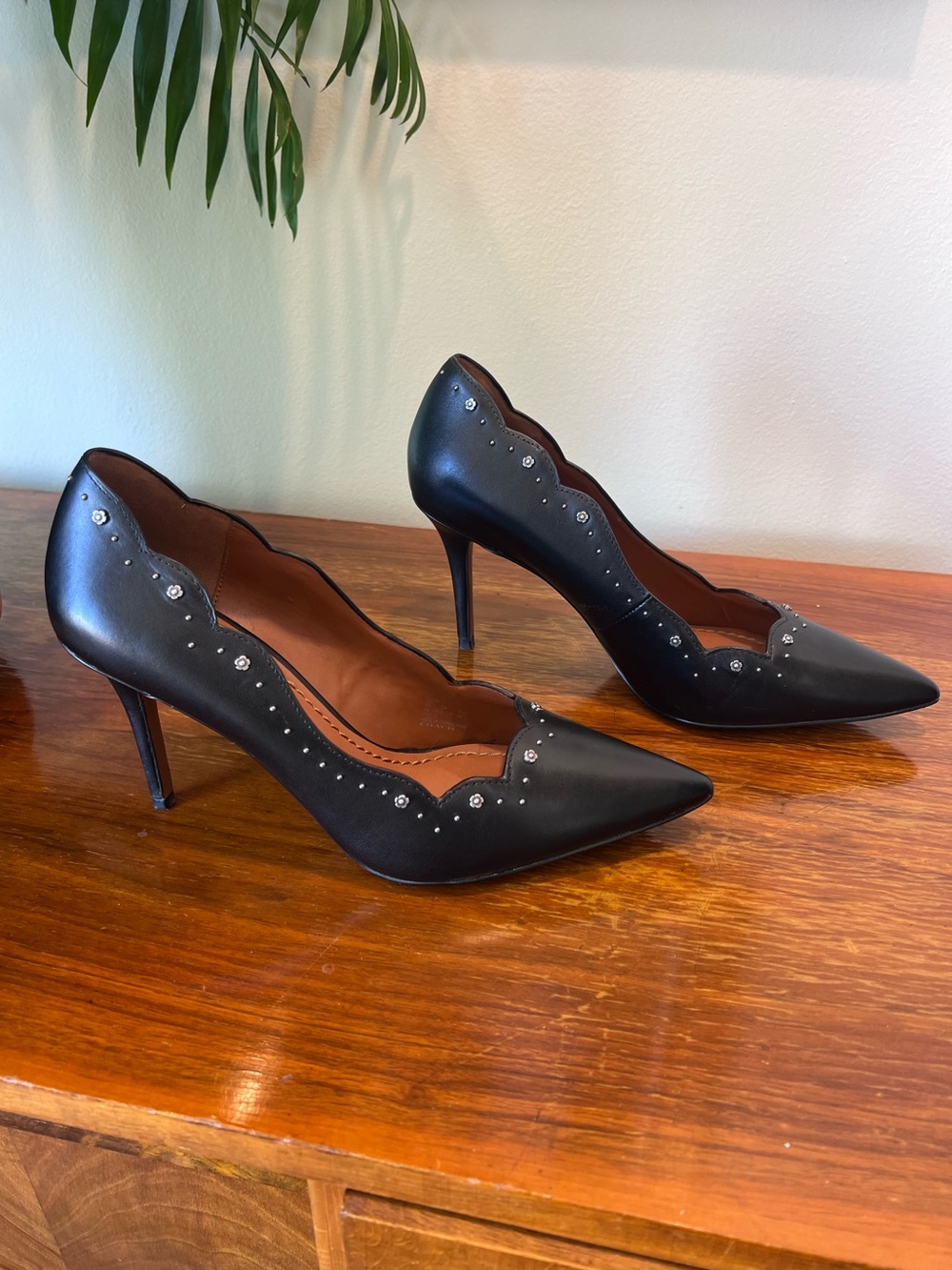 COACH Waverly Black Leather High Heel
Pumps w/Flower Metal Stud Trim